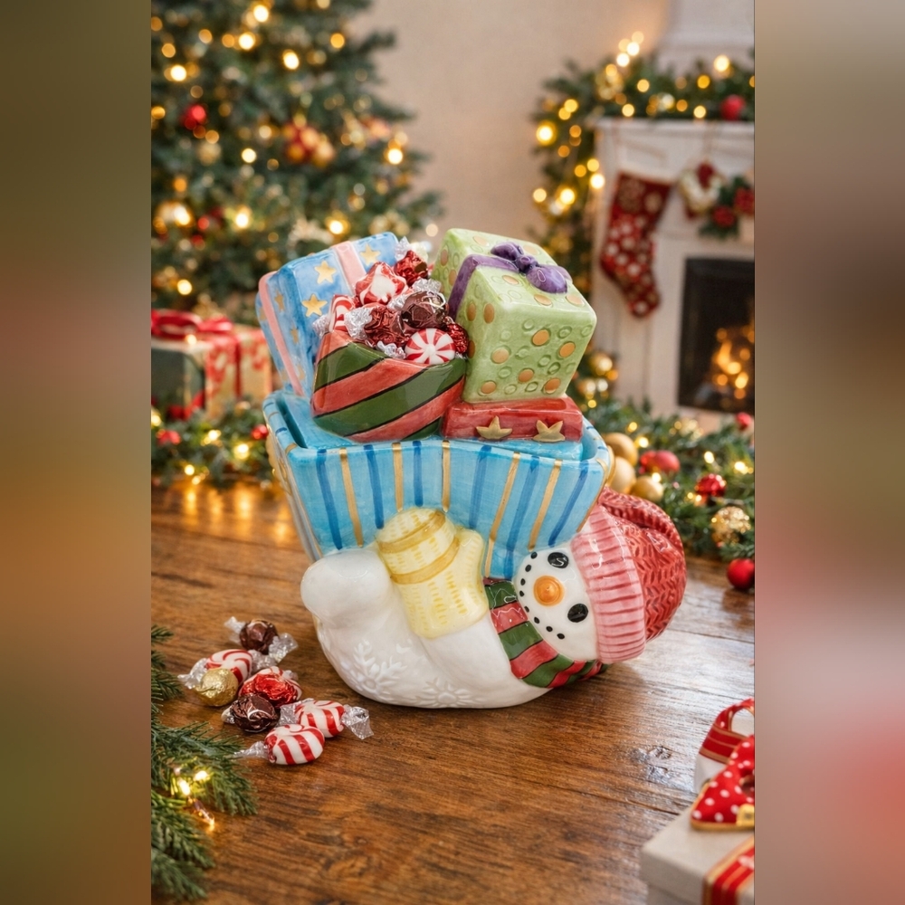 Vtg Fitz & Floyd Frosty Folks Candy Box Snowman Dish w/ Lid Holiday Decor NIB